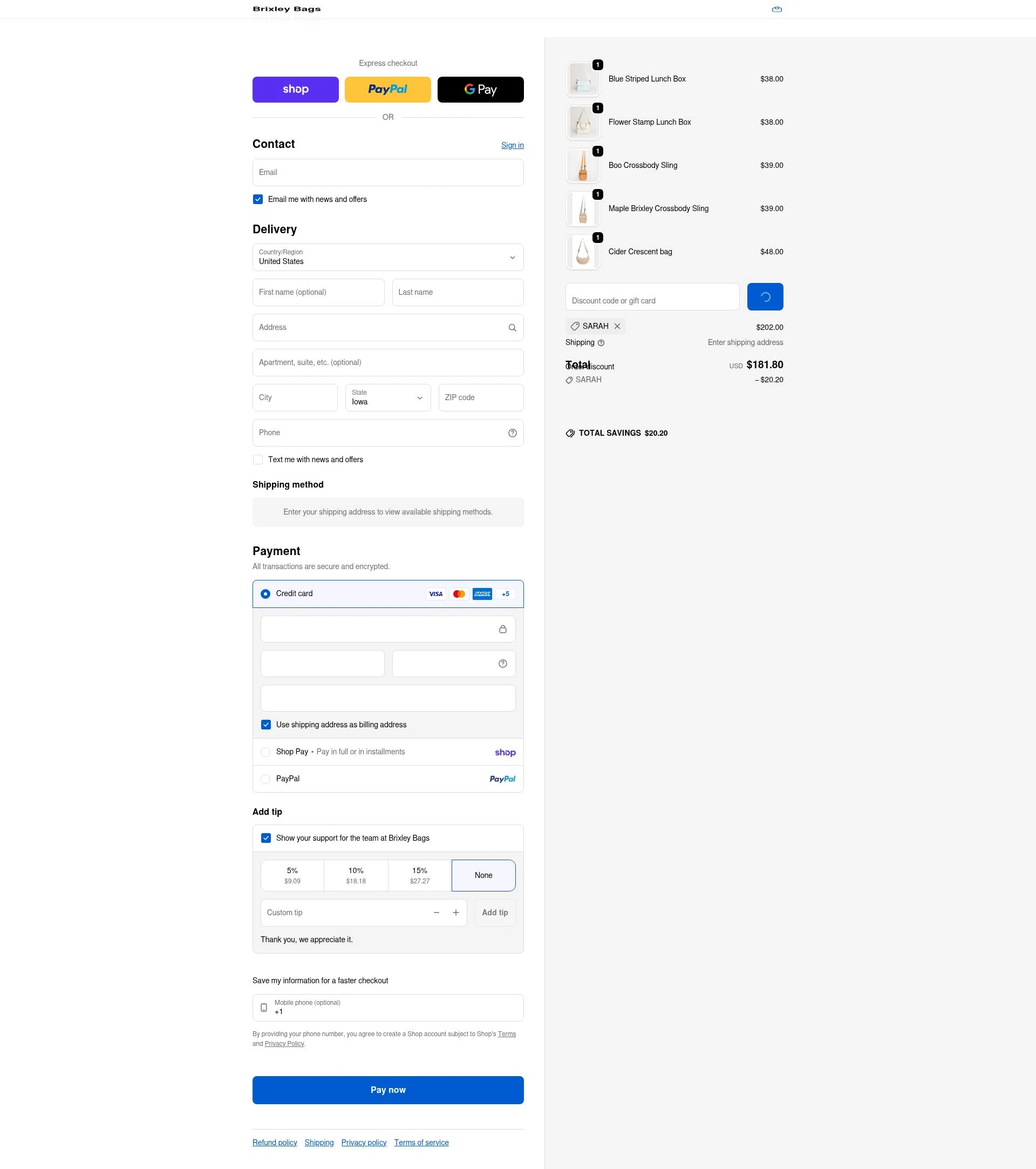 Brixley Bags checkout page showing Brixley Bags discount code box | Screenshot taken by SimplyCodes community member on Feb 14, 2026