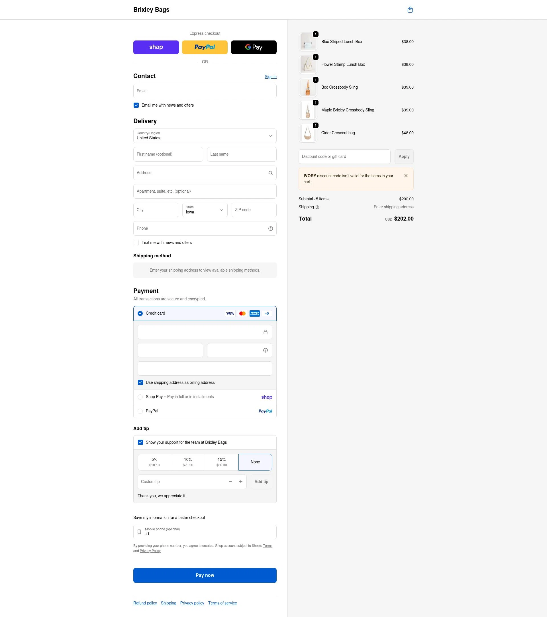 Brixley Bags checkout page showing Brixley Bags discount code box | Screenshot taken by SimplyCodes community member on Feb 5, 2026