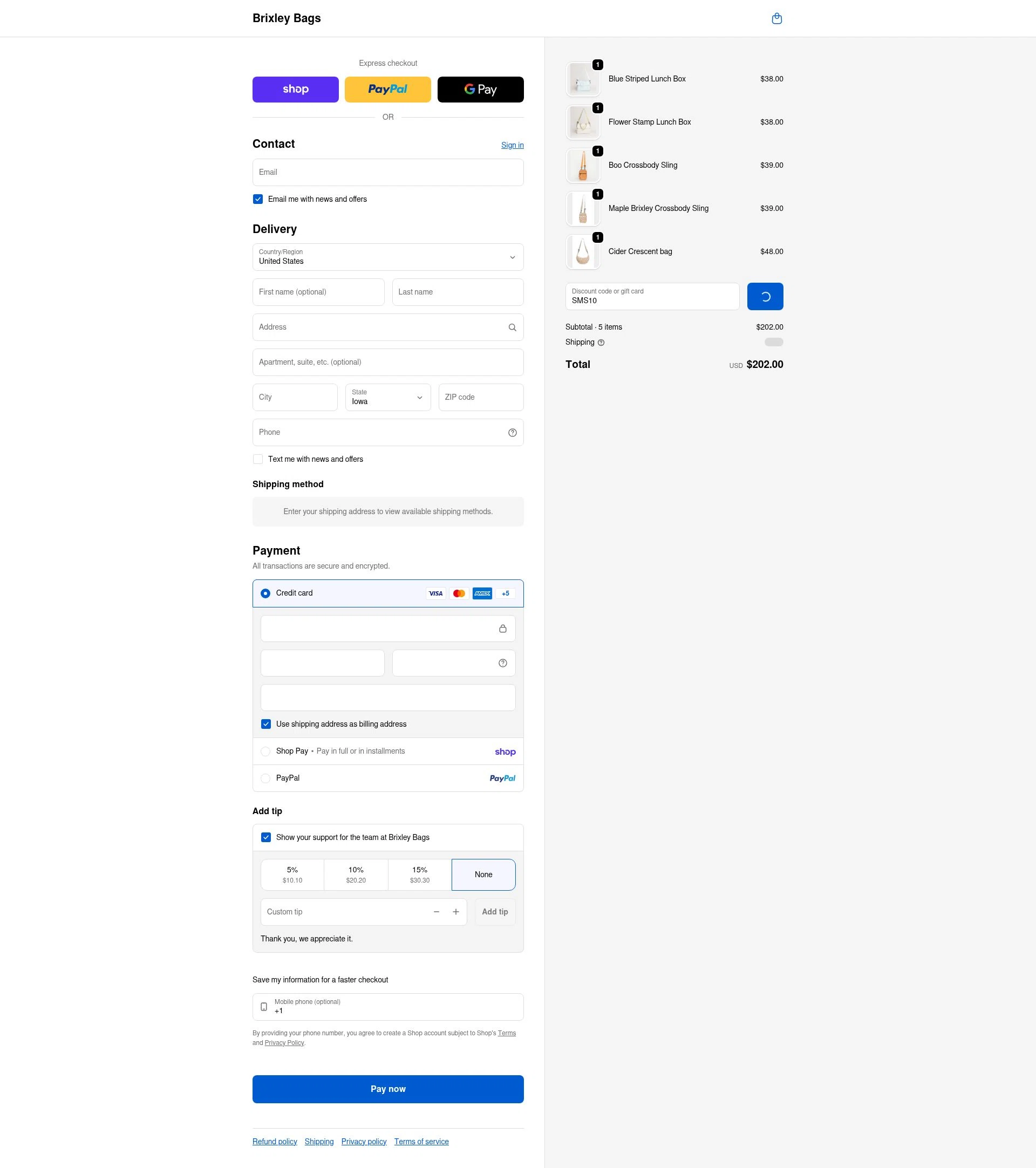 Brixley Bags checkout page showing Brixley Bags discount code box | Screenshot taken by SimplyCodes community member on Feb 14, 2026