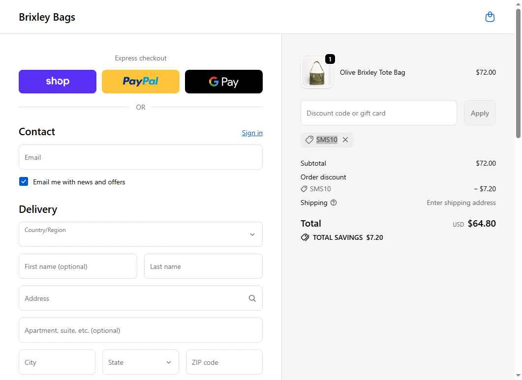 Brixley Bags checkout page showing Brixley Bags discount code box | Screenshot taken by SimplyCodes community member on Feb 6, 2026