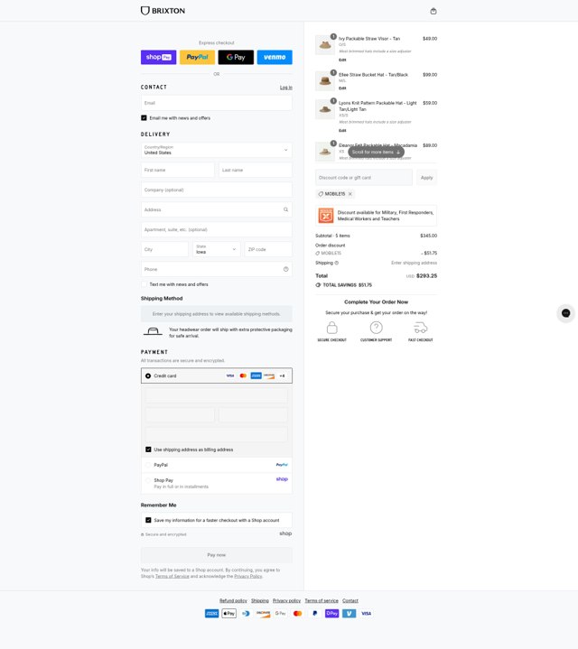 Brixton checkout page showing Brixton discount code box | Screenshot taken by SimplyCodes community member on Aug 24, 2025