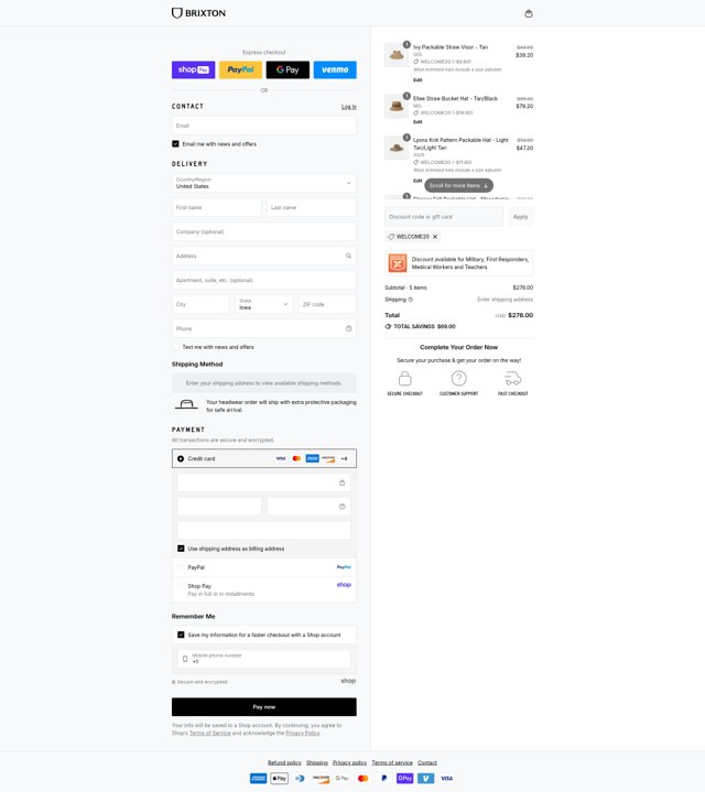 Brixton checkout page showing Brixton discount code box | Screenshot taken by SimplyCodes community member on Aug 28, 2025