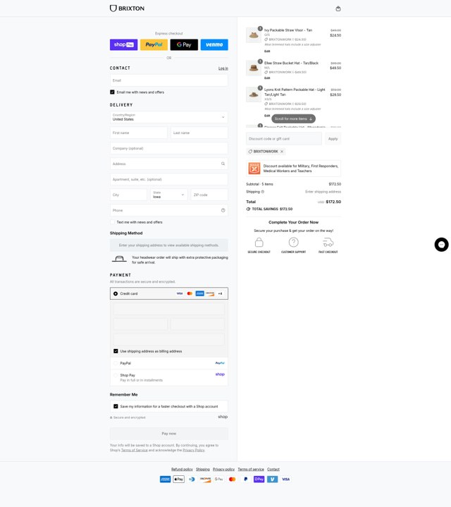 Brixton checkout page showing Brixton discount code box | Screenshot taken by SimplyCodes community member on Aug 28, 2025