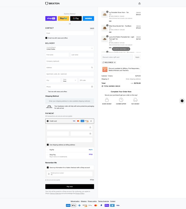 Brixton checkout page showing Brixton discount code box | Screenshot taken by SimplyCodes community member on Aug 24, 2025