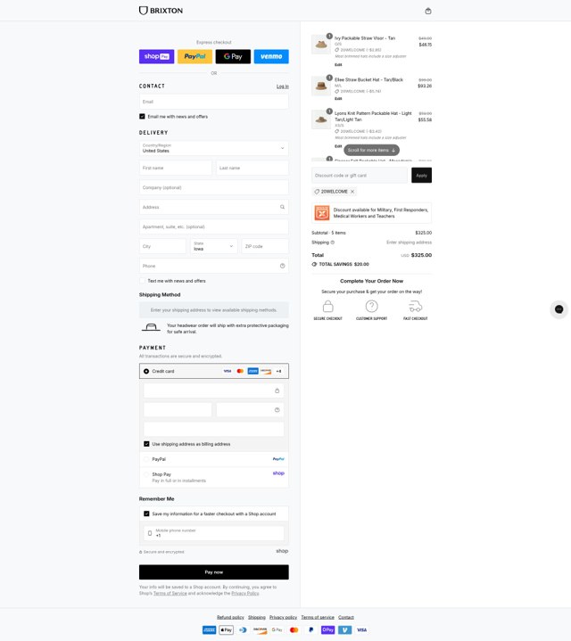Brixton checkout page showing Brixton discount code box | Screenshot taken by SimplyCodes community member on Aug 24, 2025