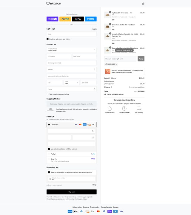 Brixton checkout page showing Brixton discount code box | Screenshot taken by SimplyCodes community member on Aug 28, 2025