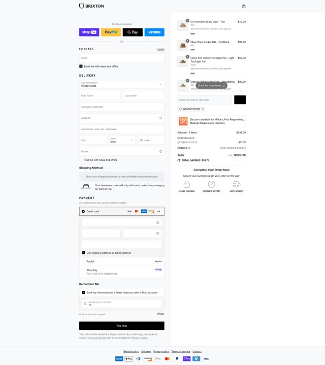 Brixton checkout page showing Brixton discount code box | Screenshot taken by SimplyCodes community member on Aug 28, 2025