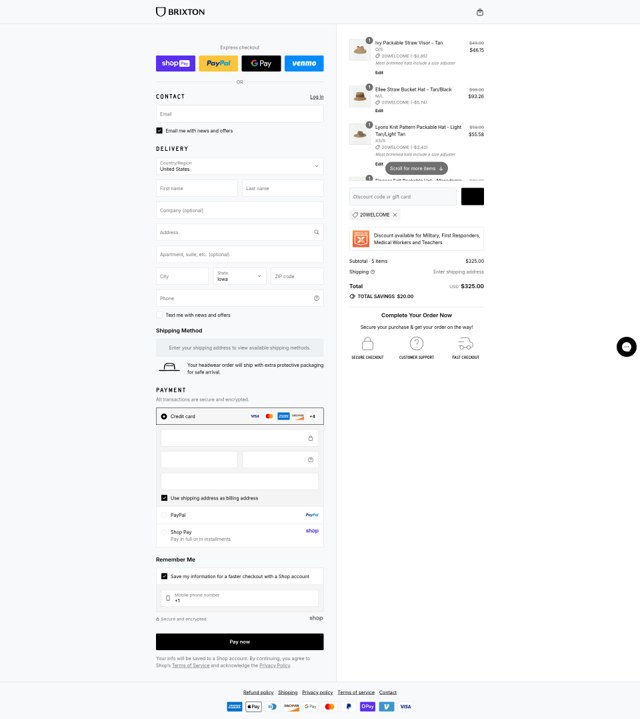Brixton checkout page showing Brixton discount code box | Screenshot taken by SimplyCodes community member on Aug 28, 2025