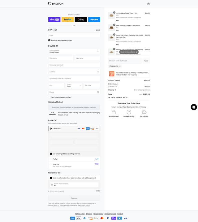 Brixton checkout page showing Brixton discount code box | Screenshot taken by SimplyCodes community member on Aug 28, 2025
