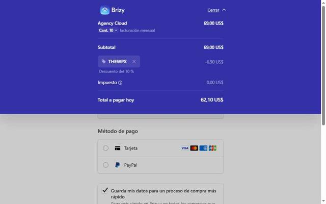 Brizy checkout page showing Brizy coupon code box | Screenshot taken by SimplyCodes community member on Jul 4, 2025