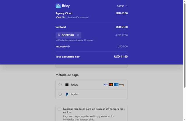 Brizy checkout page showing Brizy coupon code box | Screenshot taken by SimplyCodes community member on Jul 30, 2025