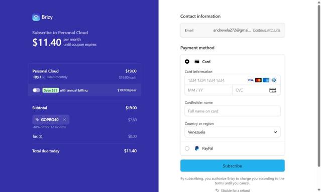 Brizy checkout page showing Brizy coupon code box | Screenshot taken by SimplyCodes community member on Sep 11, 2025