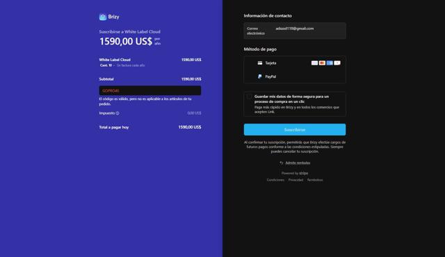 Brizy checkout page showing Brizy coupon code box | Screenshot taken by SimplyCodes community member on Jun 18, 2025