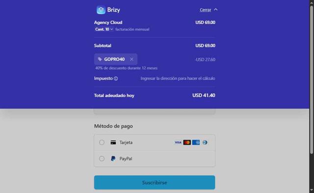 Brizy checkout page showing Brizy coupon code box | Screenshot taken by SimplyCodes community member on Jul 4, 2025