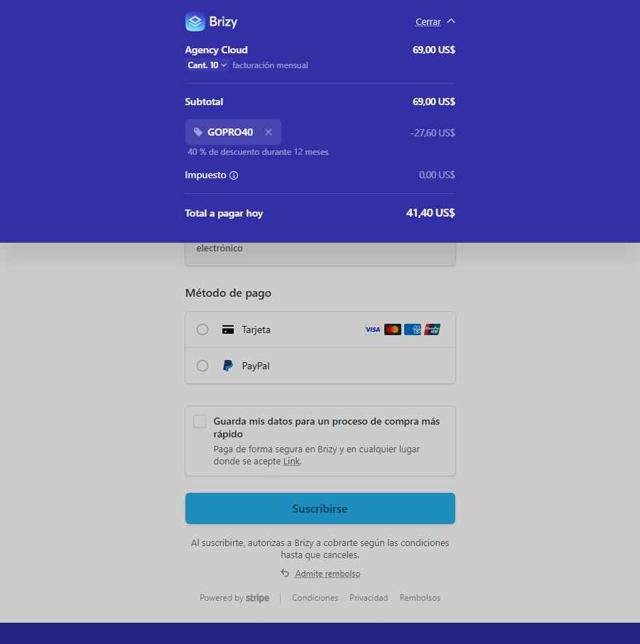 Brizy checkout page showing Brizy coupon code box | Screenshot taken by SimplyCodes community member on Sep 11, 2025