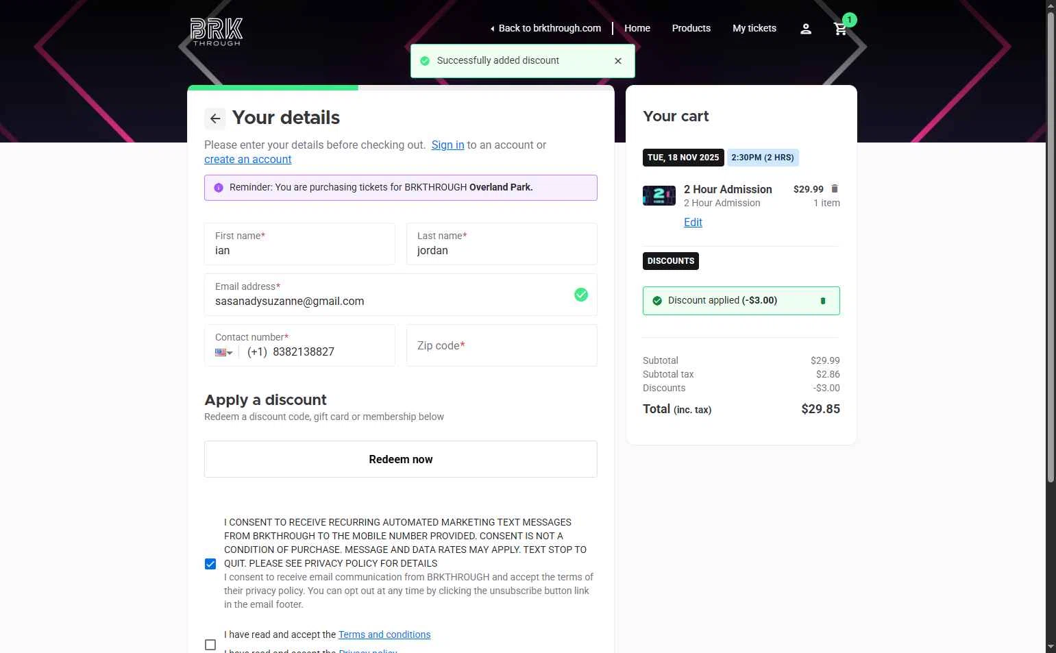 BRKTHROUGH checkout page showing BRKTHROUGH discount code box | Screenshot taken by SimplyCodes community member on Nov 14, 2025
