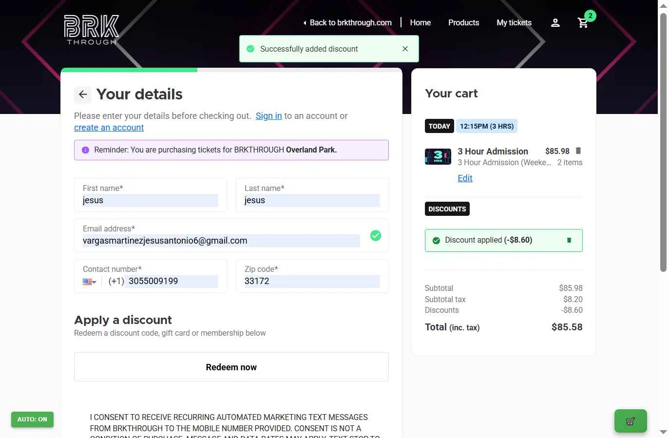 BRKTHROUGH checkout page showing BRKTHROUGH discount code box | Screenshot taken by SimplyCodes community member on Nov 14, 2025