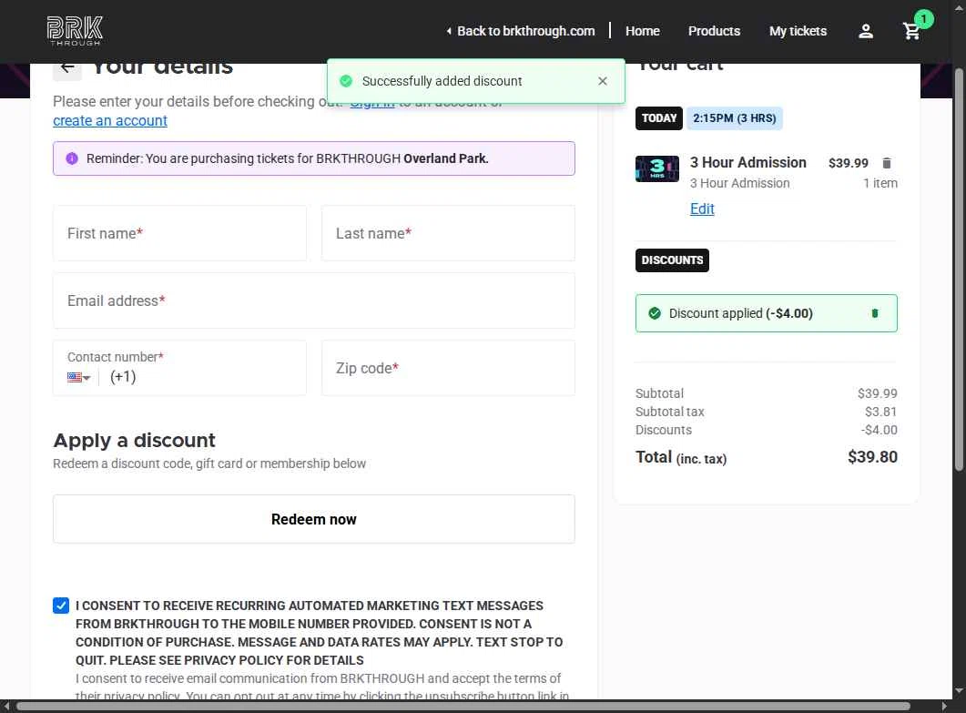 BRKTHROUGH checkout page showing BRKTHROUGH discount code box | Screenshot taken by SimplyCodes community member on Dec 10, 2025