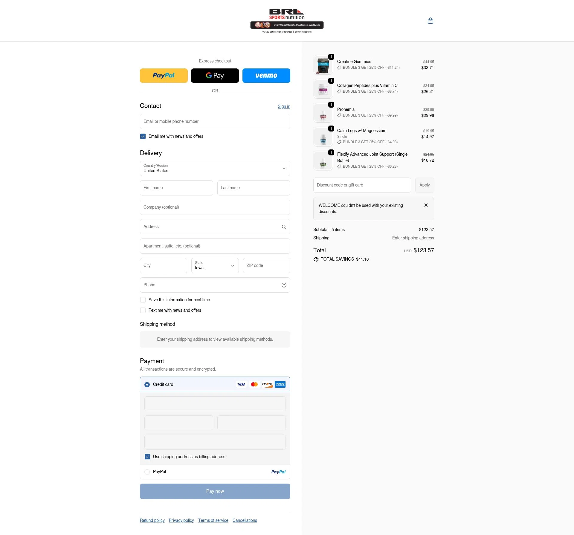 BRL Sports Nutrition checkout page showing BRL Sports Nutrition promo code box | Screenshot taken by SimplyCodes community member on Jan 7, 2026