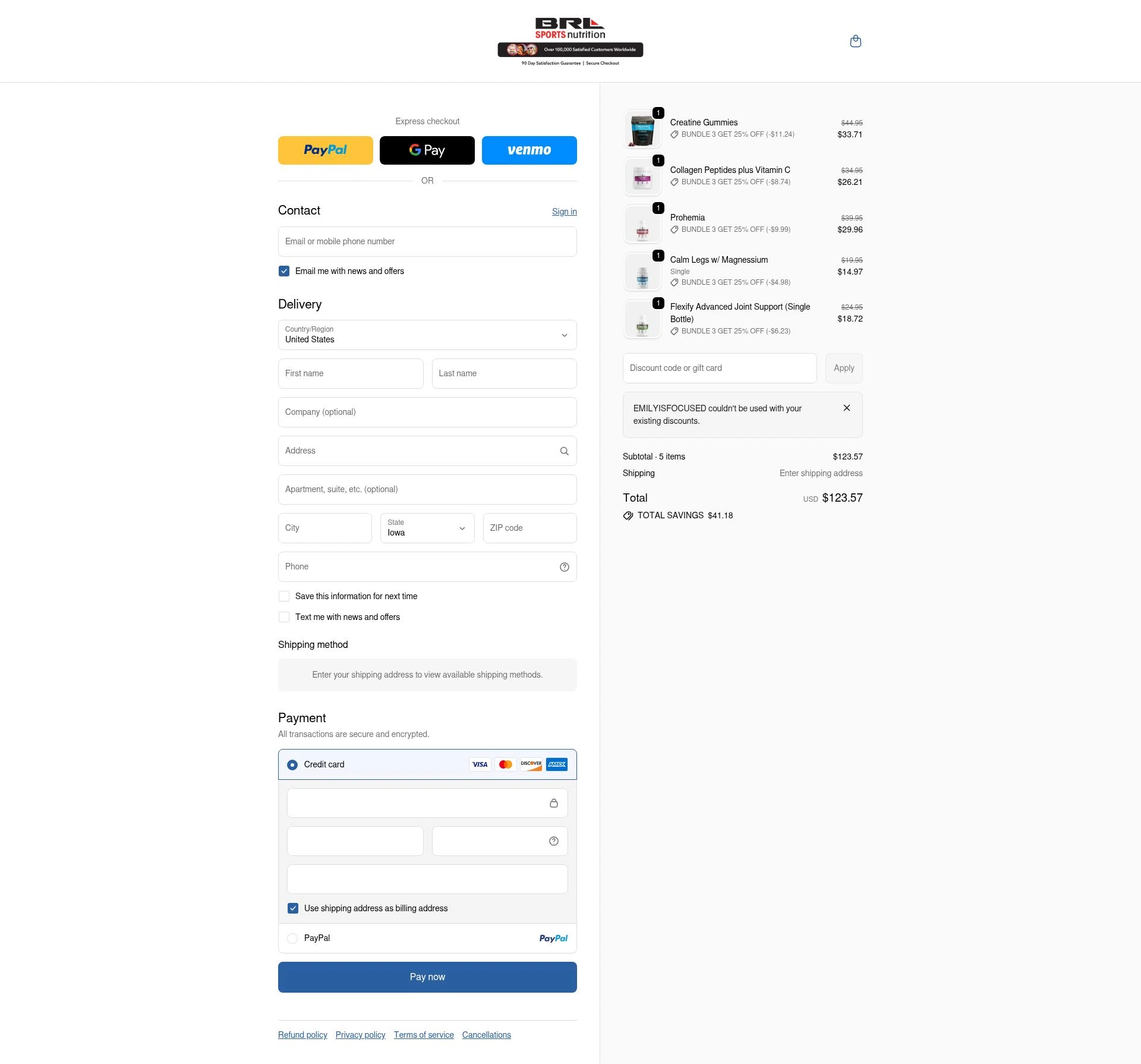 BRL Sports Nutrition checkout page showing BRL Sports Nutrition promo code box | Screenshot taken by SimplyCodes community member on Jan 7, 2026