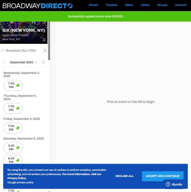 Broadway Direct checkout page showing Broadway Direct promo code box | Screenshot taken by SimplyCodes community member on Sep 2, 2025