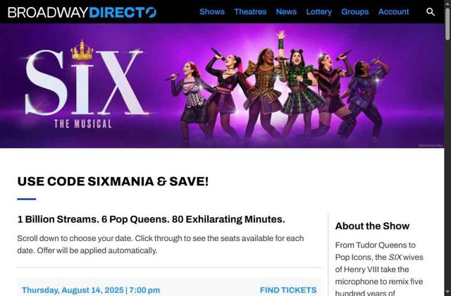 Broadway Direct checkout page showing Broadway Direct promo code box | Screenshot taken by SimplyCodes community member on Aug 14, 2025