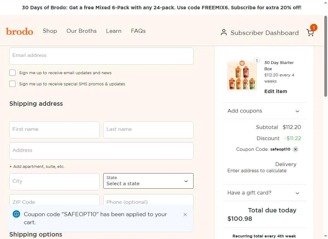 Brodo Broth Company checkout page showing Brodo Broth Company promo code box | Screenshot taken by SimplyCodes community member on Jan 8, 2026