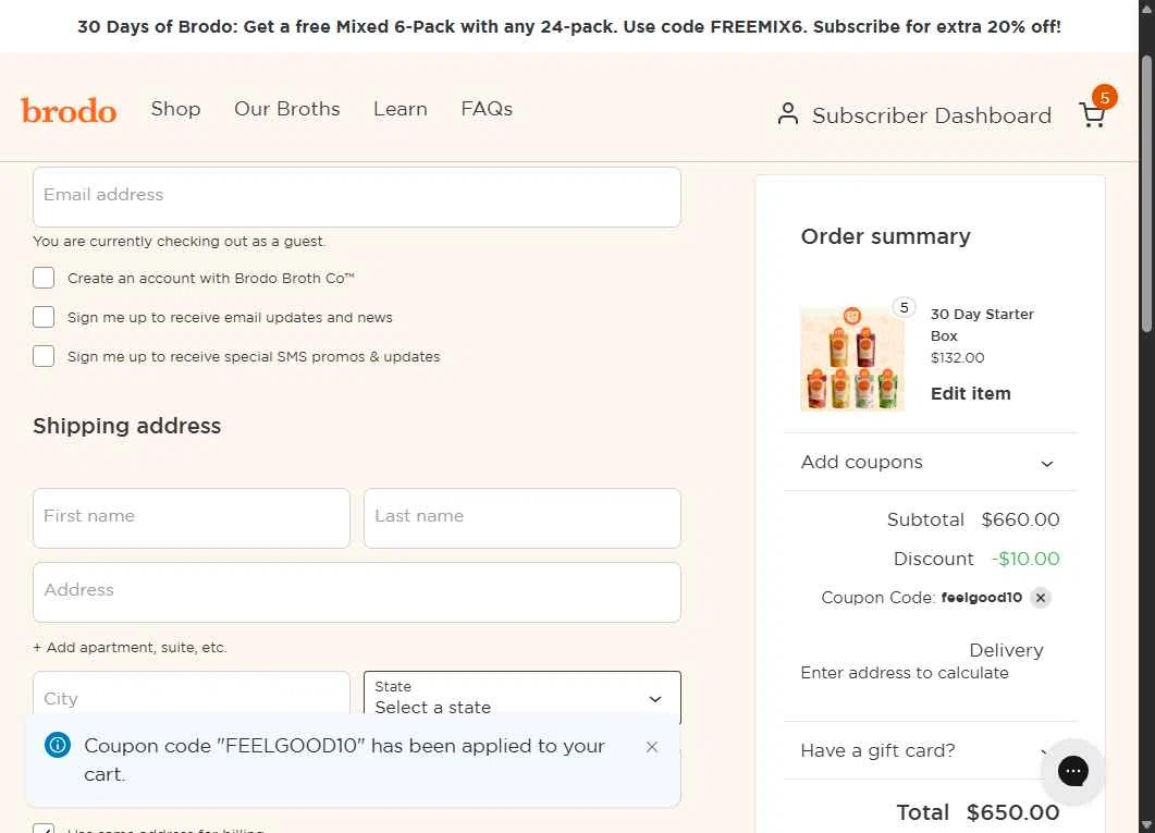 Brodo Broth Company checkout page showing Brodo Broth Company promo code box | Screenshot taken by SimplyCodes community member on Jan 3, 2026