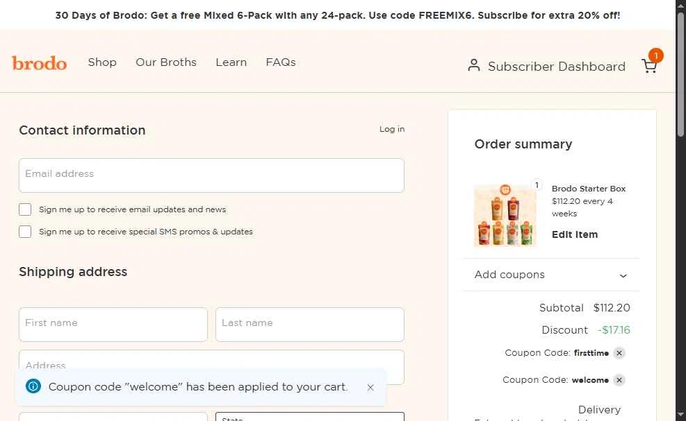 Brodo Broth Company checkout page showing Brodo Broth Company promo code box | Screenshot taken by SimplyCodes community member on Jan 8, 2026
