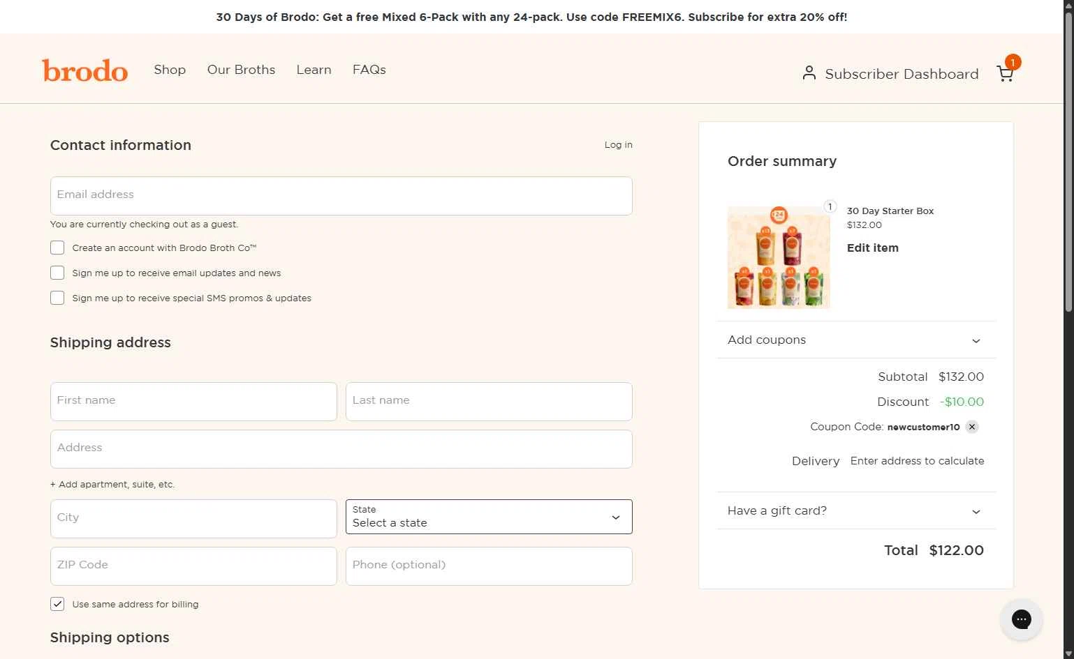 Brodo Broth Company checkout page showing Brodo Broth Company promo code box | Screenshot taken by SimplyCodes community member on Jan 3, 2026