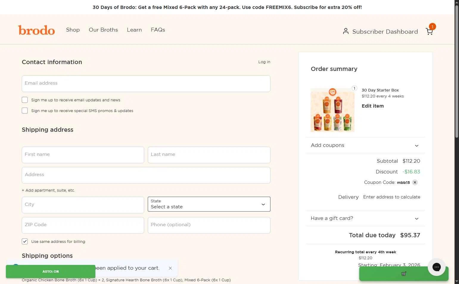 Brodo Broth Company checkout page showing Brodo Broth Company promo code box | Screenshot taken by SimplyCodes community member on Jan 6, 2026