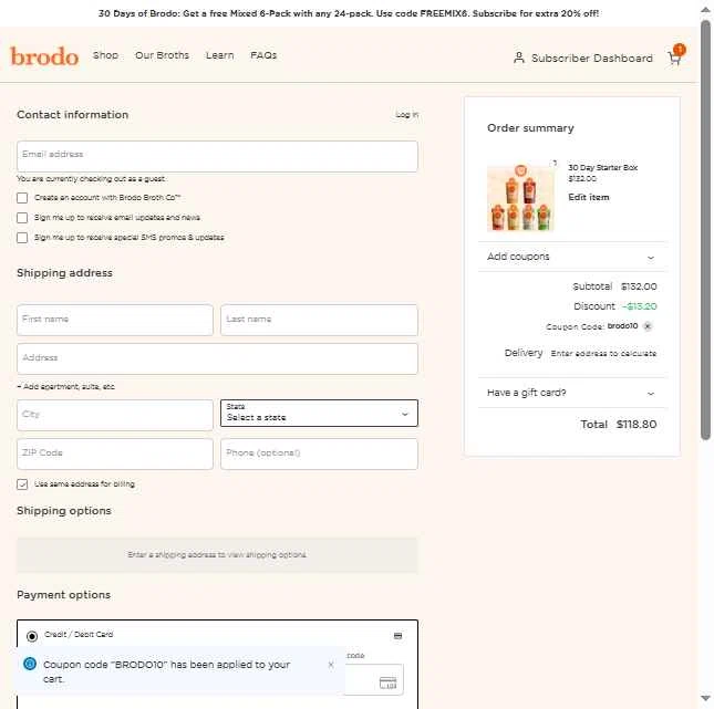 Brodo Broth Company checkout page showing Brodo Broth Company promo code box | Screenshot taken by SimplyCodes community member on Jan 8, 2026