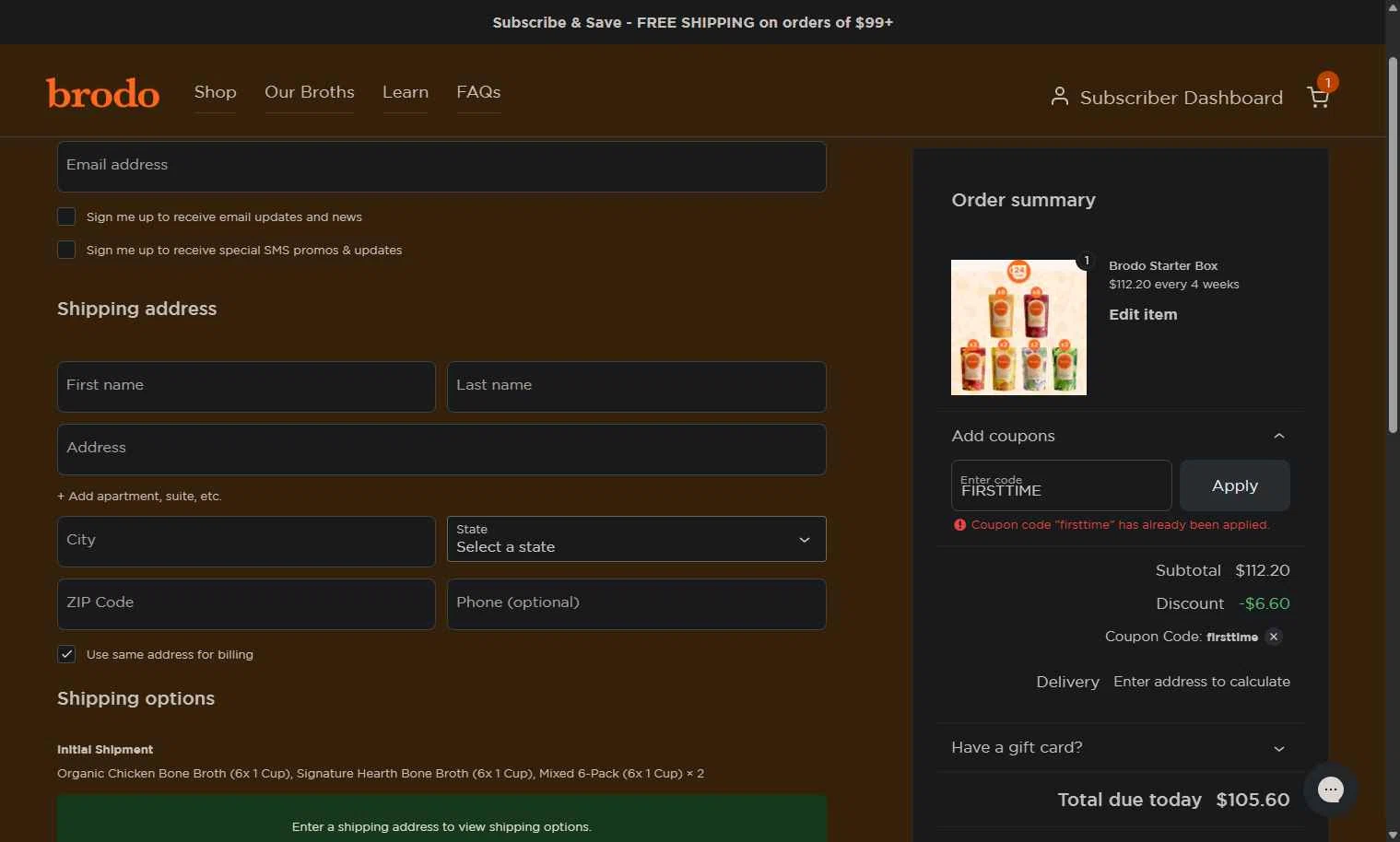 Brodo Broth Company checkout page showing Brodo Broth Company promo code box | Screenshot taken by SimplyCodes community member on Dec 21, 2025