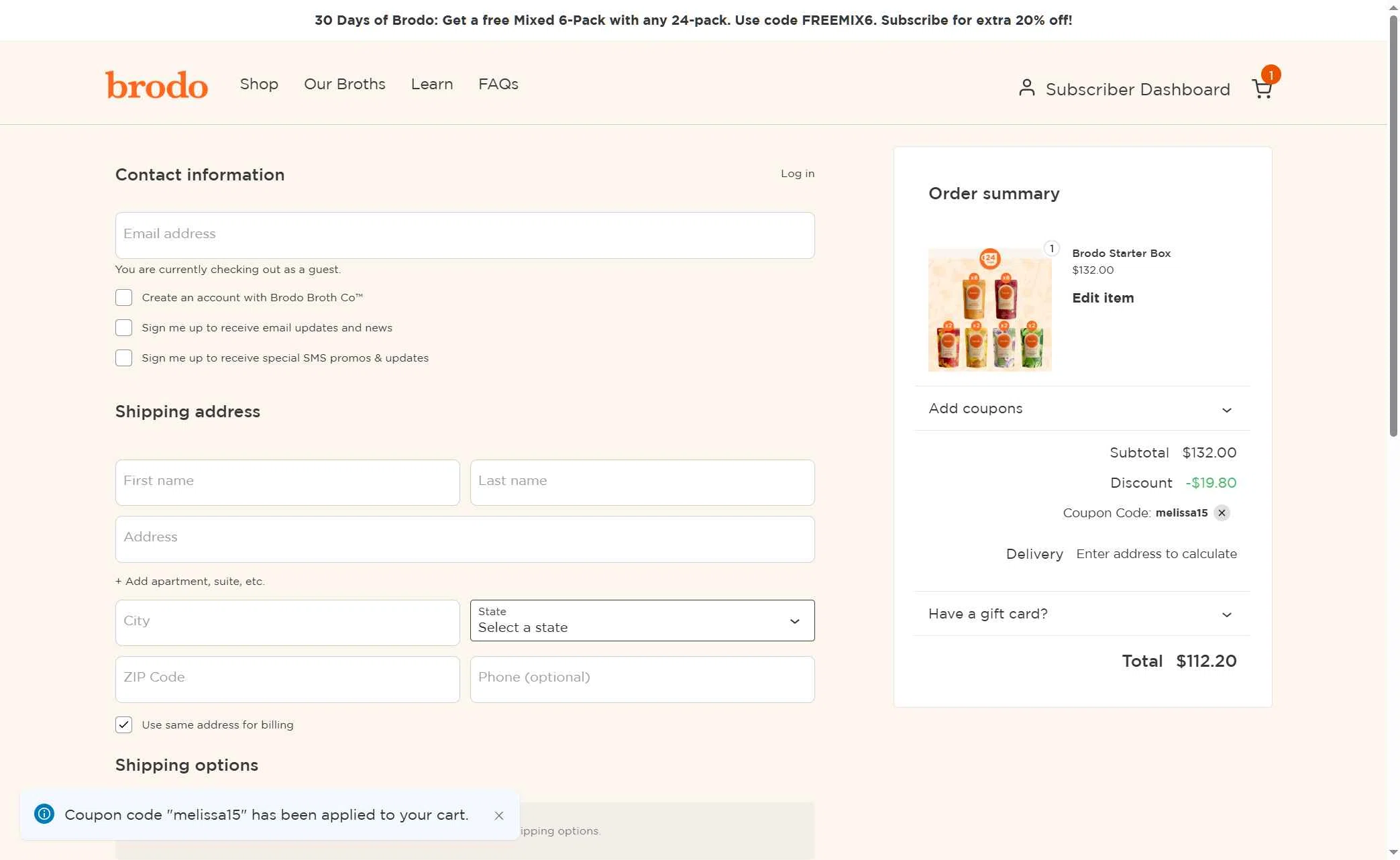 Brodo Broth Company checkout page showing Brodo Broth Company promo code box | Screenshot taken by SimplyCodes community member on Jan 9, 2026