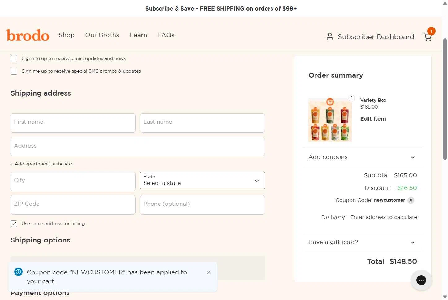 Brodo Broth Company checkout page showing Brodo Broth Company promo code box | Screenshot taken by SimplyCodes community member on Dec 22, 2025
