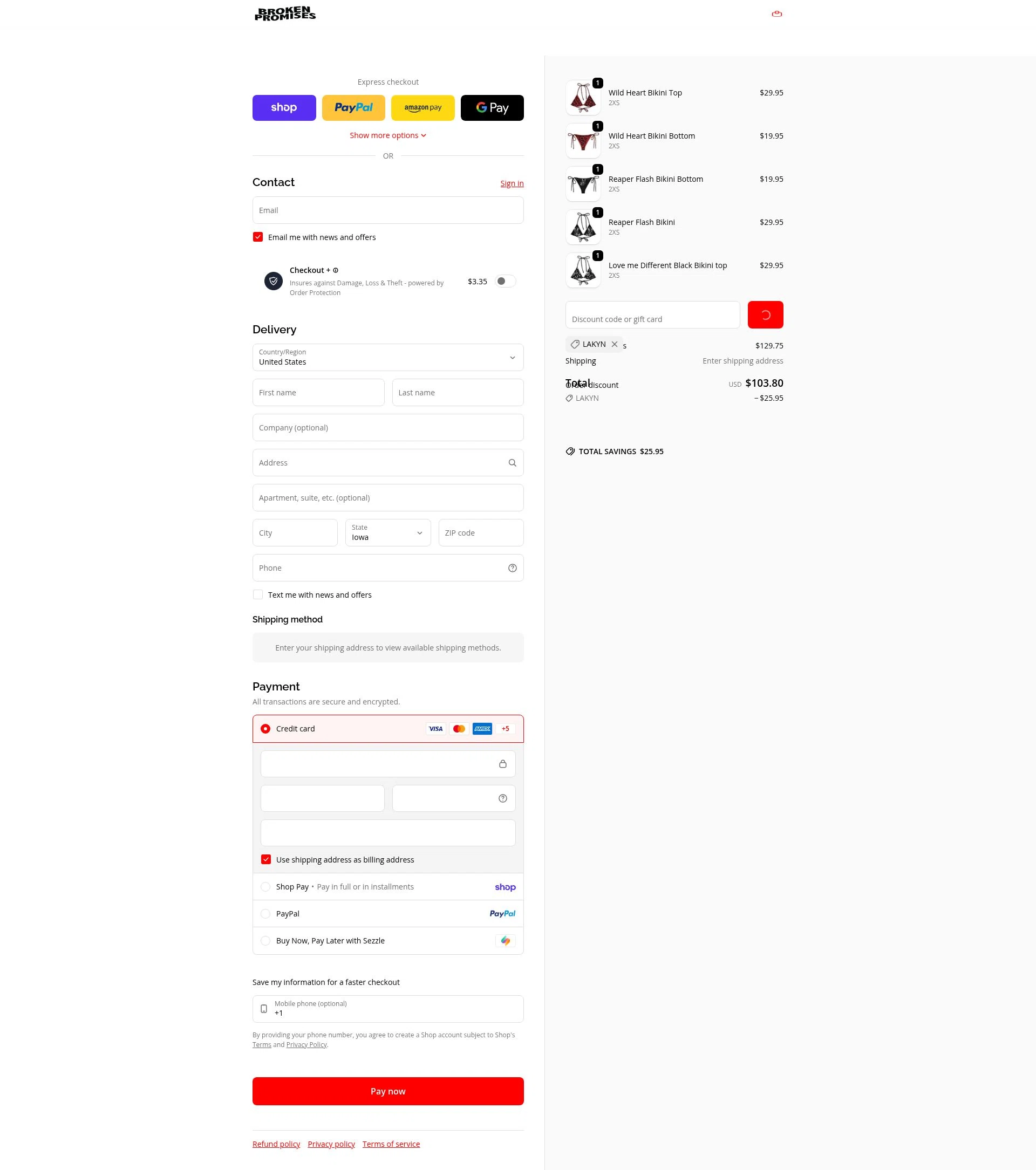 Broken Promises Co. checkout page showing Broken Promises Co. discount code box | Screenshot taken by SimplyCodes community member on Feb 16, 2026