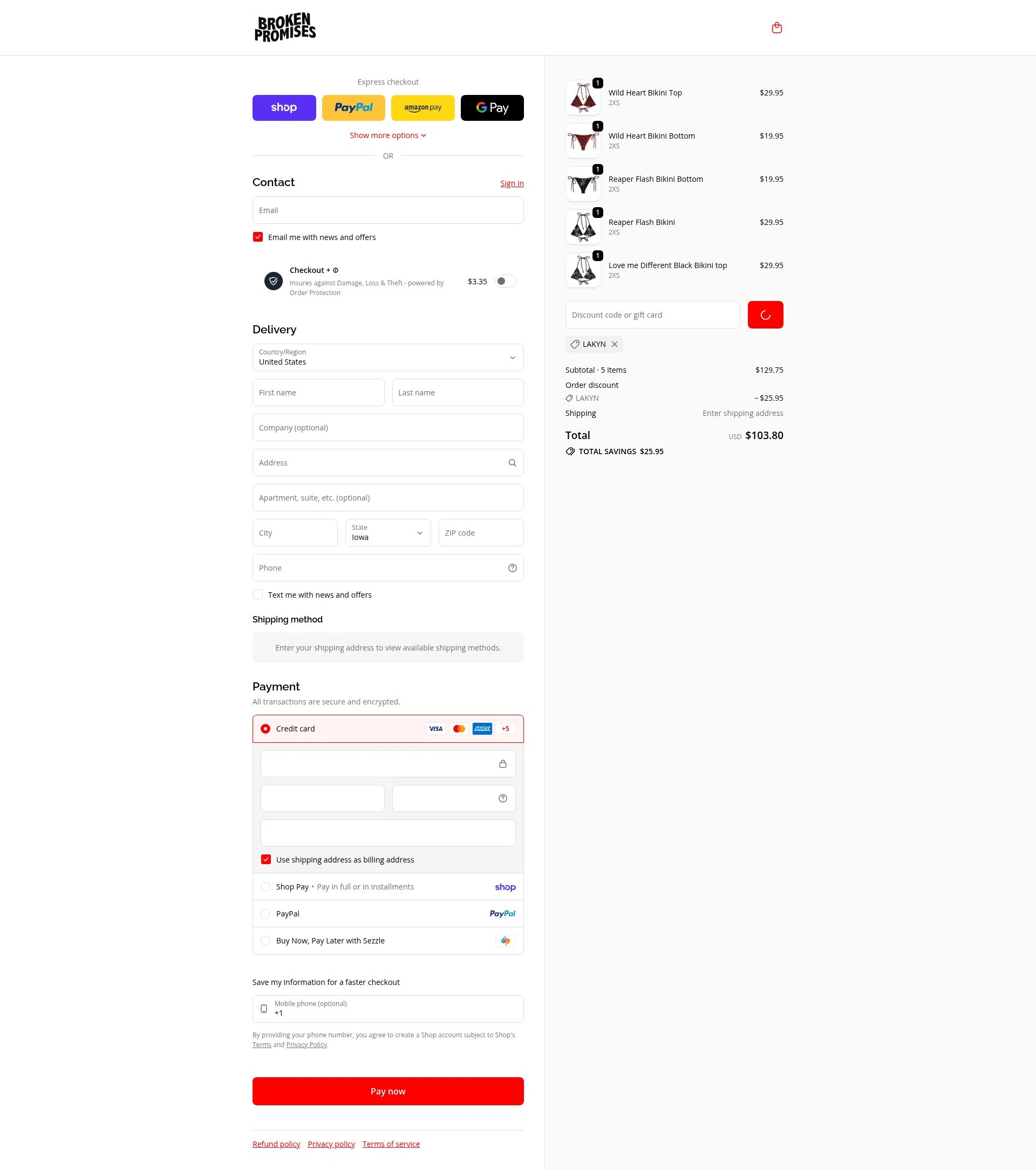 Broken Promises Co. checkout page showing Broken Promises Co. discount code box | Screenshot taken by SimplyCodes community member on Feb 12, 2026