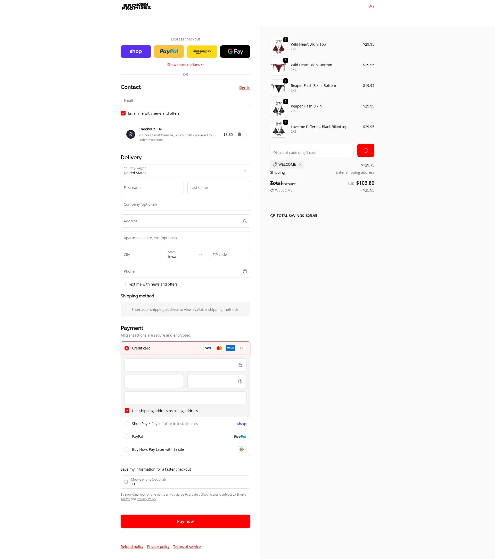 Broken Promises Co. checkout page showing Broken Promises Co. discount code box | Screenshot taken by SimplyCodes community member on Feb 12, 2026