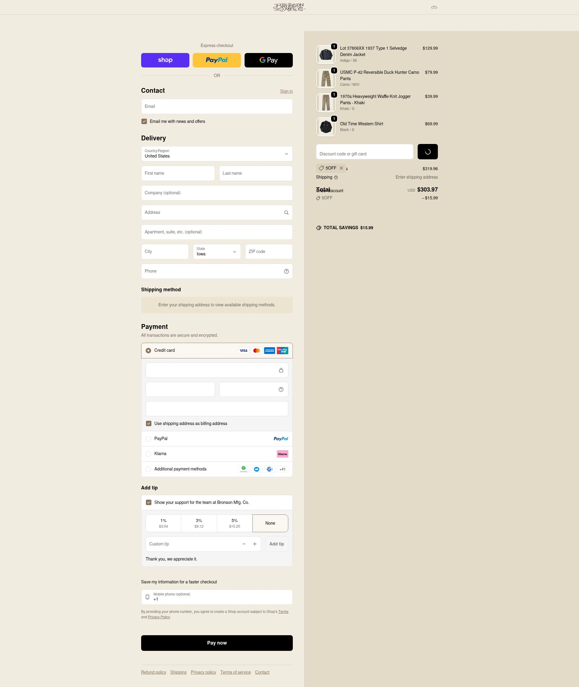 Bronson Mfg. checkout page showing Bronson Mfg. discount code box | Screenshot taken by SimplyCodes community member on Feb 1, 2026