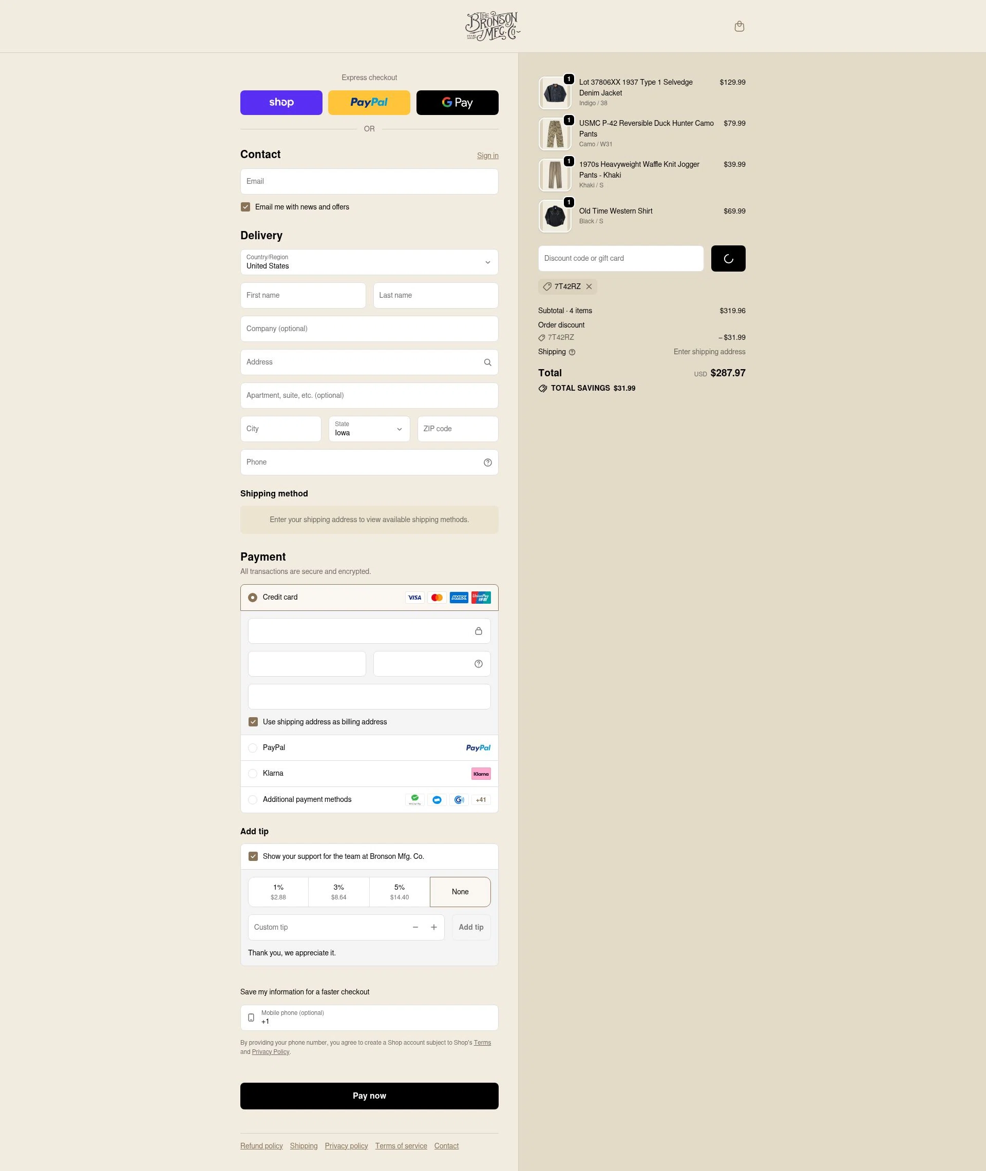 Bronson Mfg. checkout page showing Bronson Mfg. discount code box | Screenshot taken by SimplyCodes community member on Feb 1, 2026