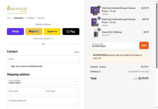 Bronson Vitamins checkout page showing Bronson Vitamins discount code box | Screenshot taken by SimplyCodes community member on Sep 8, 2025