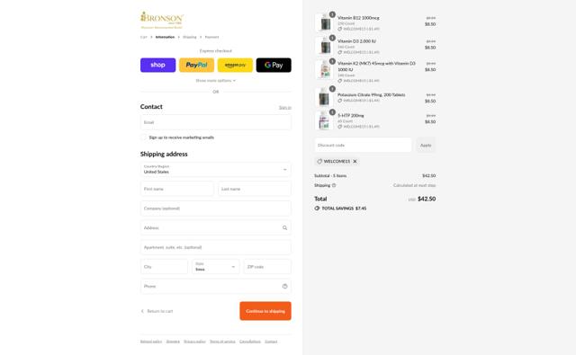 Bronson Vitamins checkout page showing Bronson Vitamins discount code box | Screenshot taken by SimplyCodes community member on Sep 11, 2025