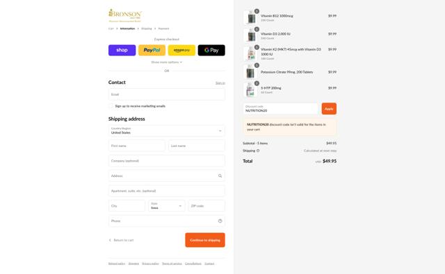 Bronson Vitamins checkout page showing Bronson Vitamins discount code box | Screenshot taken by SimplyCodes community member on Sep 11, 2025