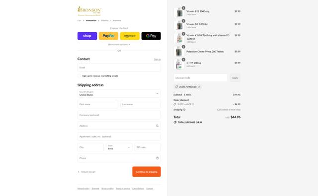 Bronson Vitamins checkout page showing Bronson Vitamins discount code box | Screenshot taken by SimplyCodes community member on Sep 11, 2025