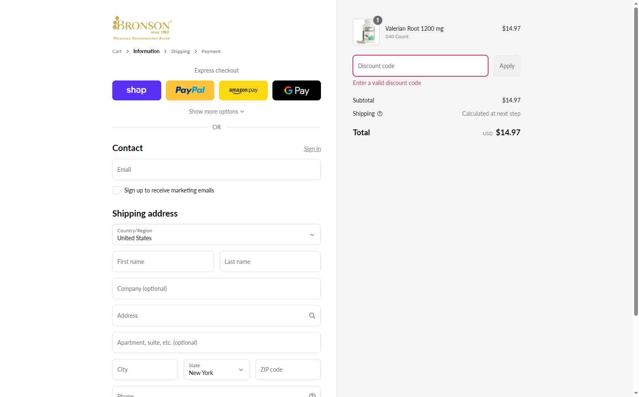 Bronson Vitamins checkout page showing Bronson Vitamins discount code box | Screenshot taken by SimplyCodes community member on Sep 12, 2025