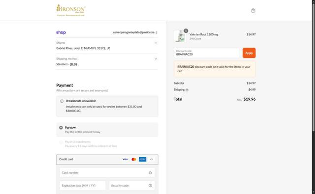 Bronson Vitamins checkout page showing Bronson Vitamins discount code box | Screenshot taken by SimplyCodes community member on Sep 12, 2025