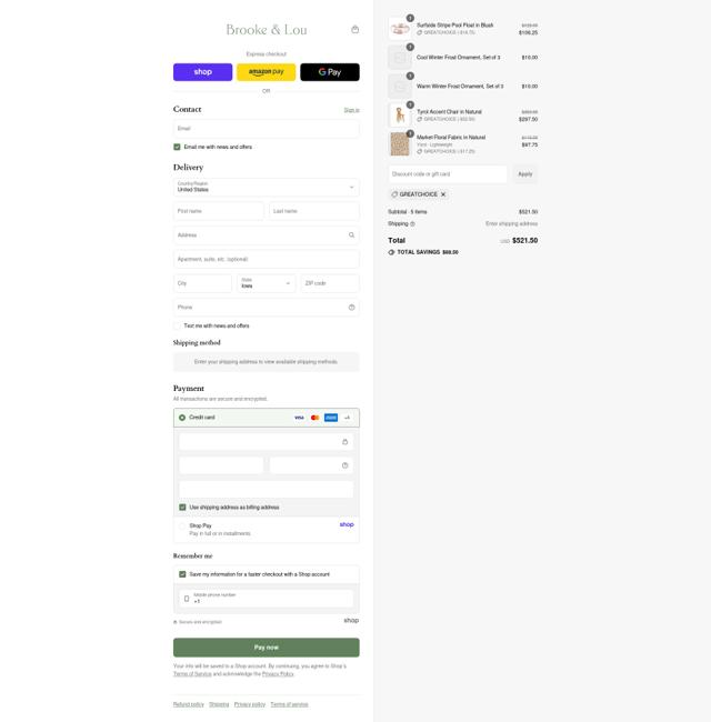 Brooke & Lou checkout page showing Brooke & Lou promo code box | Screenshot taken by SimplyCodes community member on Sep 12, 2025