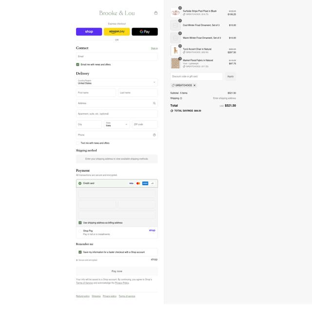 Brooke & Lou checkout page showing Brooke & Lou promo code box | Screenshot taken by SimplyCodes community member on Sep 17, 2025