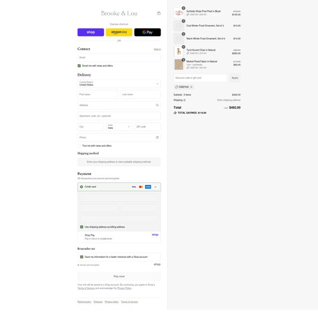 Brooke & Lou checkout page showing Brooke & Lou promo code box | Screenshot taken by SimplyCodes community member on Sep 12, 2025