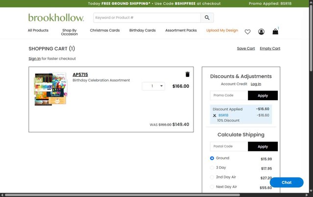 Brookhollow Cards checkout page showing Brookhollow Cards discount code box | Screenshot taken by SimplyCodes community member on Jul 15, 2025